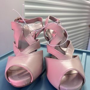 NWOT —- Tan: beige faux leather heels. Grip soles with sexy straps